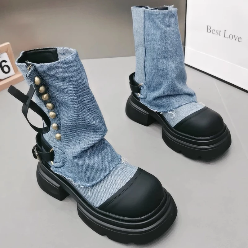 Women Flats Ankle Cowboy Chelsea Boots Winter Fad Platform Gladiator Goth Shoes 2023 New Chunky Motorcycle Botas Women  Zapatos