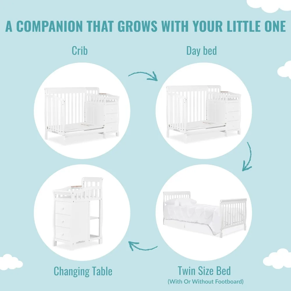 4-in-1 Mini Convertible Crib And Changer in White, Greenguard Gold Certified, Non-Toxic Finish, New Zealand Pinewood