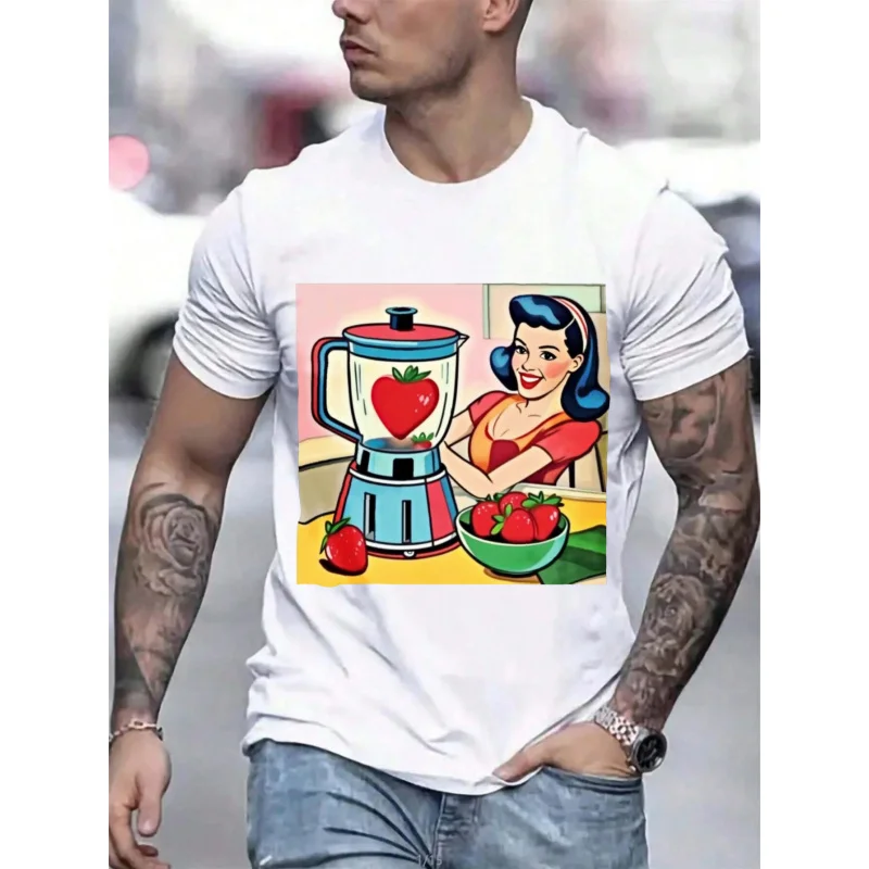 

Men's T-Shirt White Vintage Pin-Up Woman with Blender and Strawberries Printed Pattern High Quality Cotton 180g