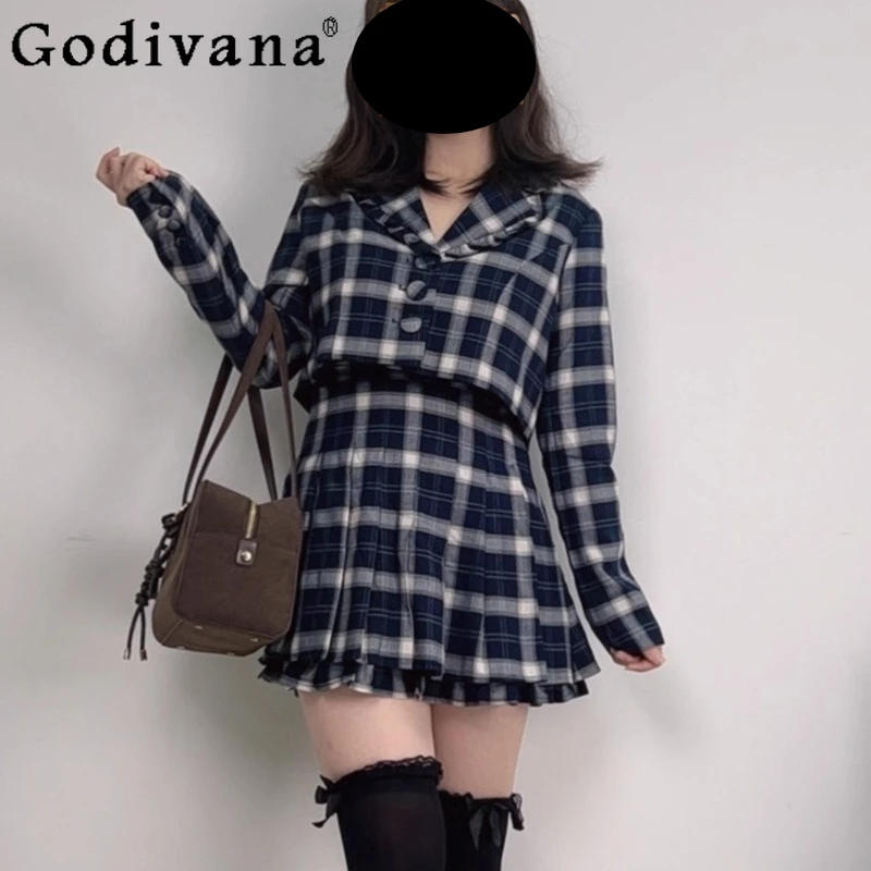 

Japanese Fashion Sweet Blue Plaid Long Sleeve Top Skirt 2-Piece Set Spring Autumn New Women's Slim Daily Basic Casual Outfits