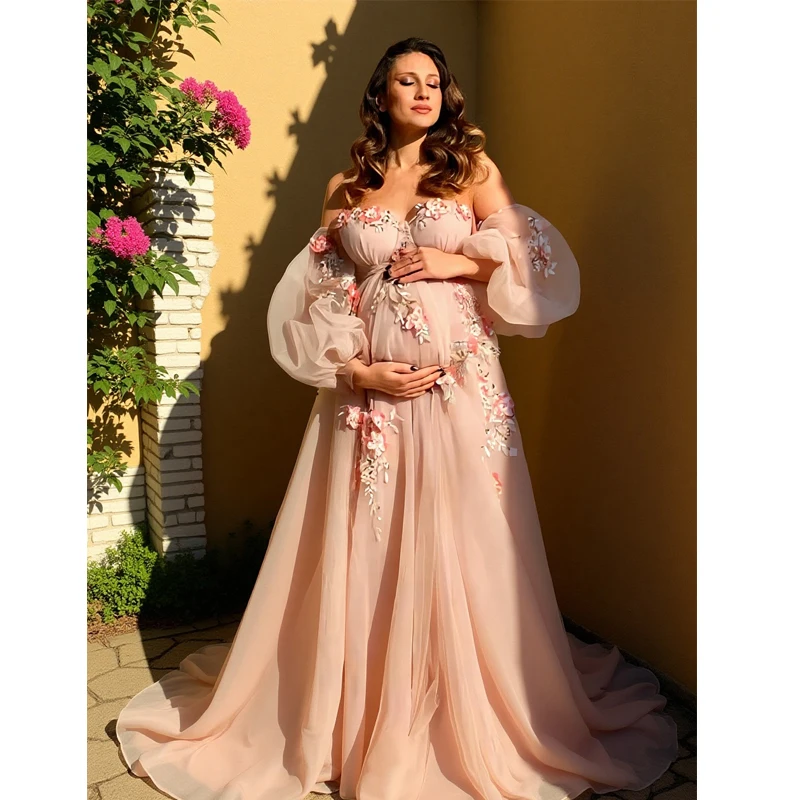

Hand-Finished Pink Maternity Photo Gown - Off-Shoulder Sheer Tulle Dress Embroidery Appliques - Baby Shower Pregnancy Shoot Robe