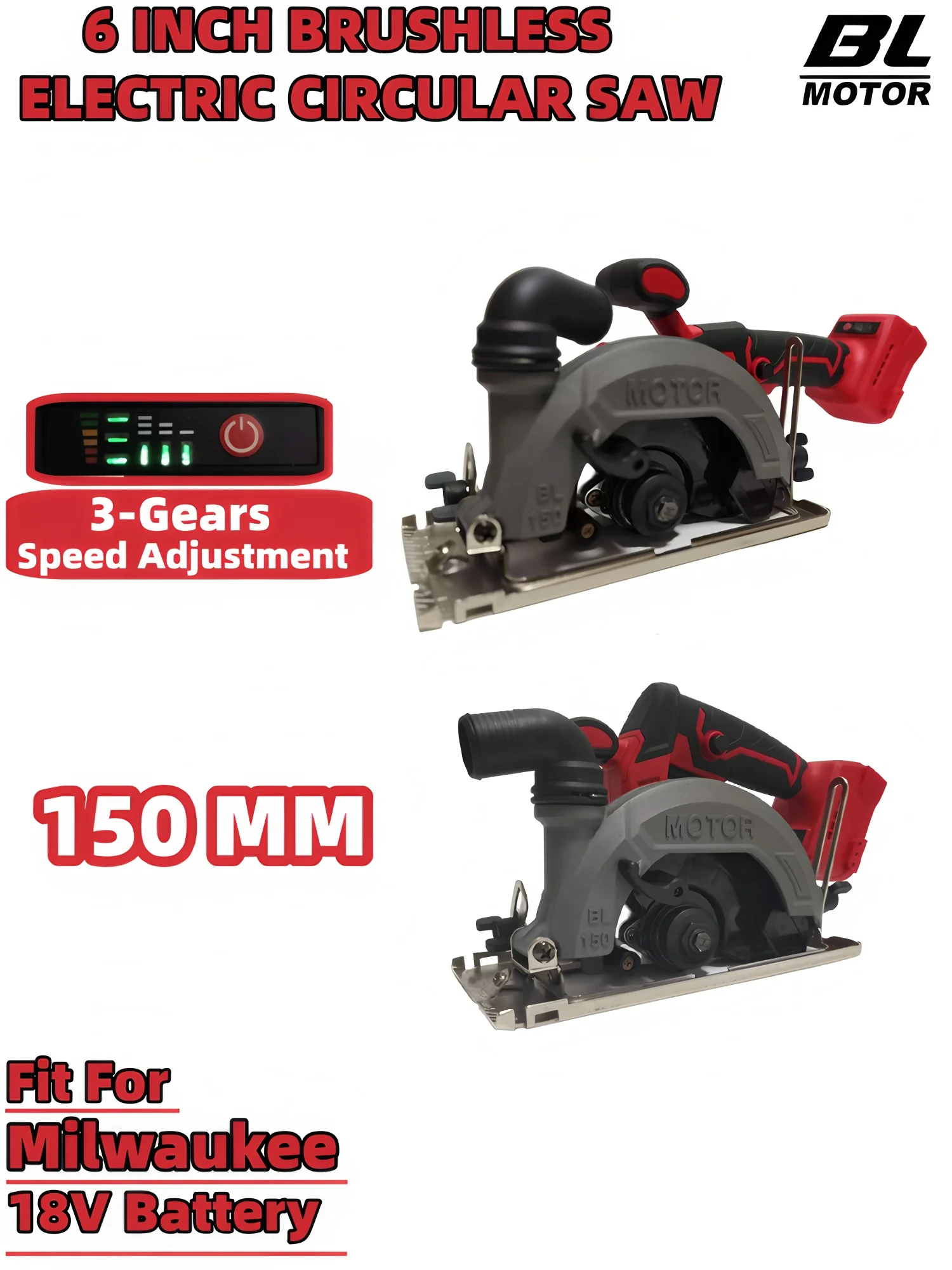 Piła tarczowa elektryczna bezszczotkowa 150 mm, kompatybilna z akumulatorami Milwaukee 18V, bezprzewodowa, o dużej mocy, do cięcia, ręczna piła do obróbki drewna, elektronarzędzia. (Style B) — Zdjęcie 2 z 2