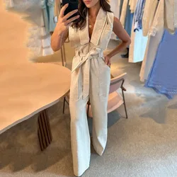 Women One Piece Jumpsuits Vest Sleeveless V Neck Zipper Splice Playsuits Midi Waist Lace Up Wide Leg Pants Pocket Loose Fit