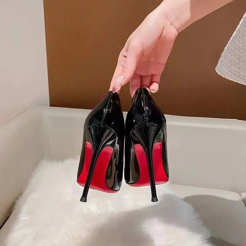 Office black high heels, ladies' slim heels, spring and summer new style, patent leather pointed sexy professional work shoes