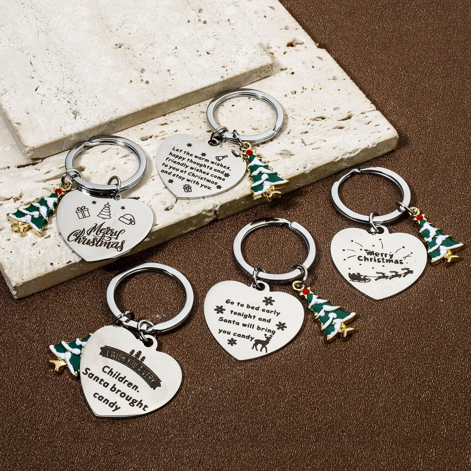 1pc 304 Stainless Steel Christmas Keychain & Keyring Silver Color Heart Christmas Tree Bag Hanging Decoration  6.1cm X 3.3cm