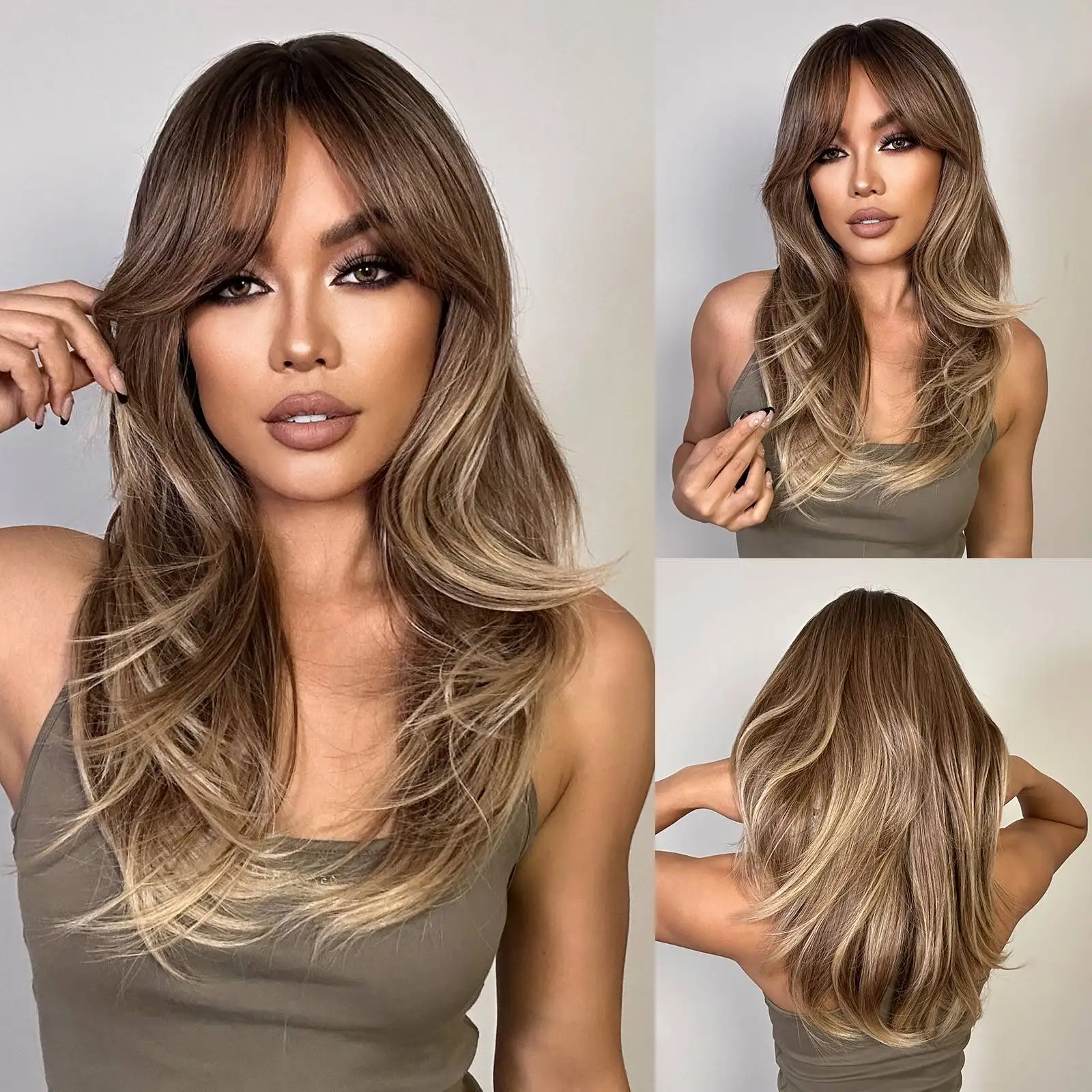 Halloween Wig TopShe Long Straight Brown Ombre Wig with Bangs for Woman Middle Part Synthetic Wig Heat Resistant Medium Length Wig for Girls Costume Party Cosplay Daily Wear Soft Natural Looking Straight Layered Cut Face Framing Full Head Wigs