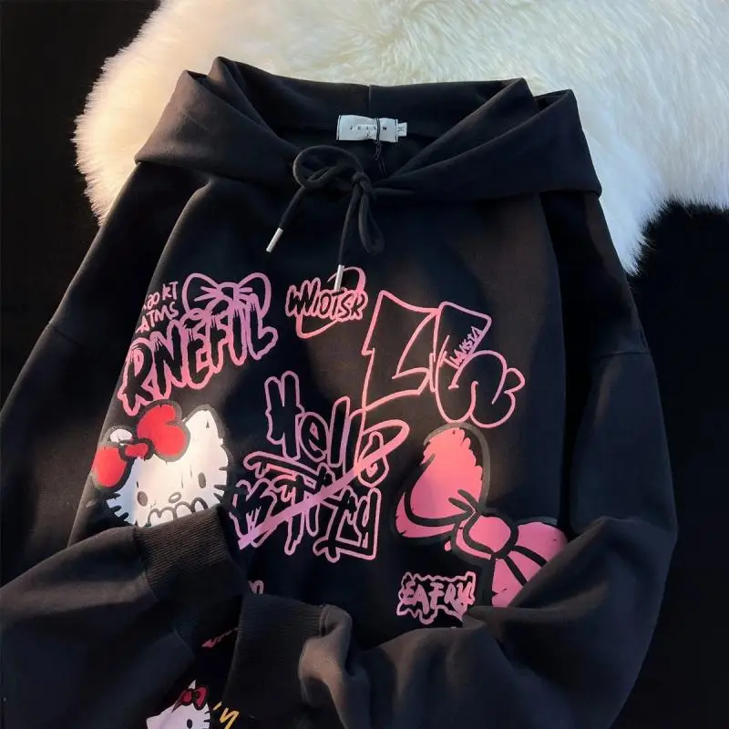 Sanrio Cute Cartoon Hello Kitty Print Hoodies Sweatshirts Anime Kawaii Couple Loose Casual Versatile Tops Coats Gift