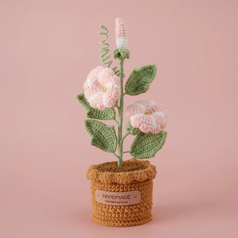 Hand-Crocheted Wool Woven Ornaments Snow Fly Knitted Morning Glory Wool Potted Multi-Head Flower Decorative Gift