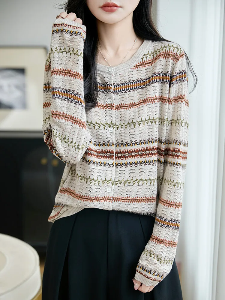 Ferris Island Color Block Knitted Woolen Cardigan Women's Casual Long Sleeve round Neck Sweater Soft Breathable Autumn Wear