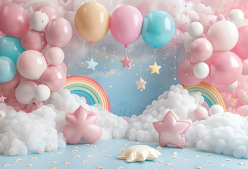 Mehofond Photography Backdrop Pink Balloon Rainbow Decor for Newborn Birthday Party Stars White Clouds Cake Smash Backgrounds