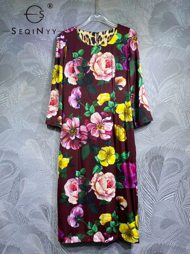 Seqinyy Elegante Midi Jurk Paars Rood 100% Zijde Zomer Nieuwe Mode Design Vrouwen Catwalk Halve Mouw Vintage Bloemenprint