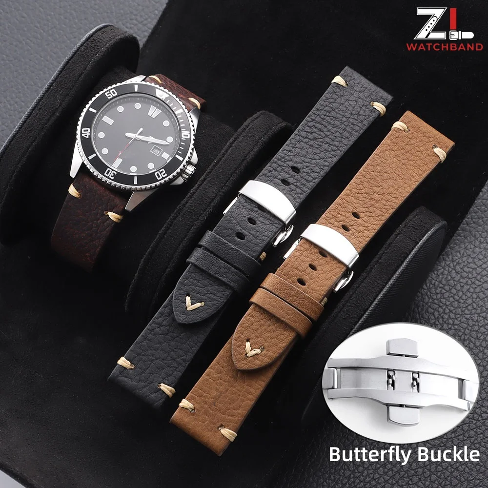 Bracelet de montre universel en cuir de veau véritable, boucle papillon, sangles vintage 18/20/22mm, pour hommes et femmes, respirant, accessoires