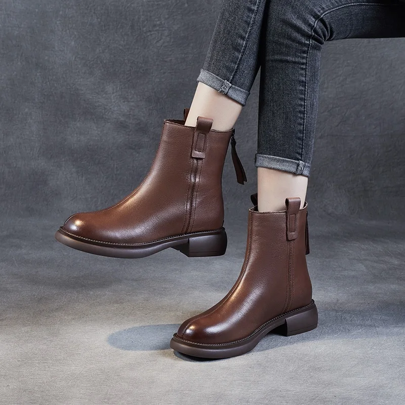 DRKANOL 2024 Handmade Women Winter Warm Boots 100% Genuine Cow Leather Back Zipper Flat Heel Mid Calf Trend Chelsea Boots Female