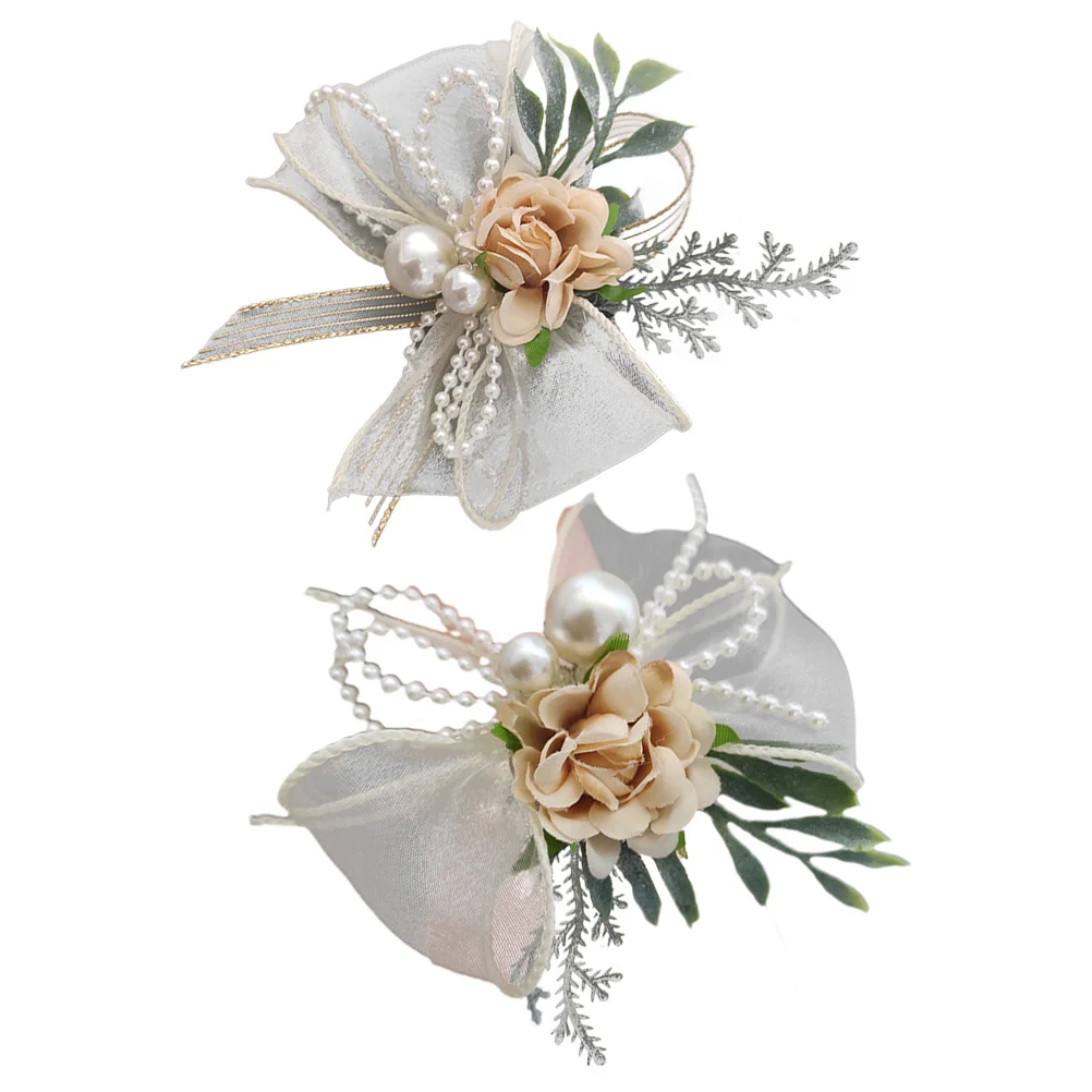 ชุดดอกไม้ประดับข้อมือและดอกไม้ติดอกสำหรับงานแต่งงาน 2 ชิ้น ดีไซน์หรูหรา ทำจากผ้าประดับมุก เหมาะสำหรับเจ้าสาว เพื่อนเจ้าสาว สไตล์เรียบง่าย โบฮีเมียน และงานพรอม