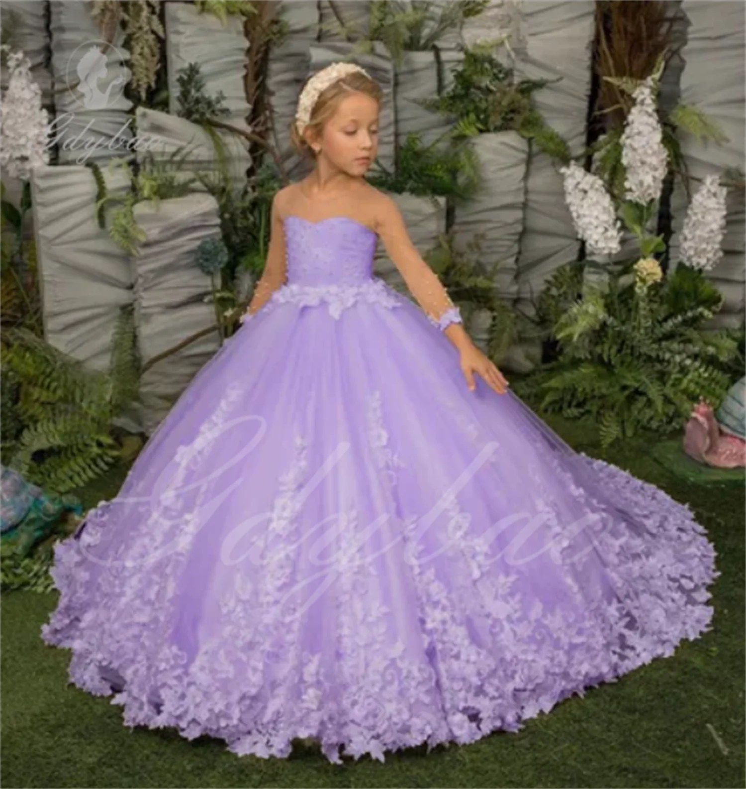 Little Girls Lavender Pearl Trim Floral Lace Crystal Tulle Flower Girl Dress 2-6