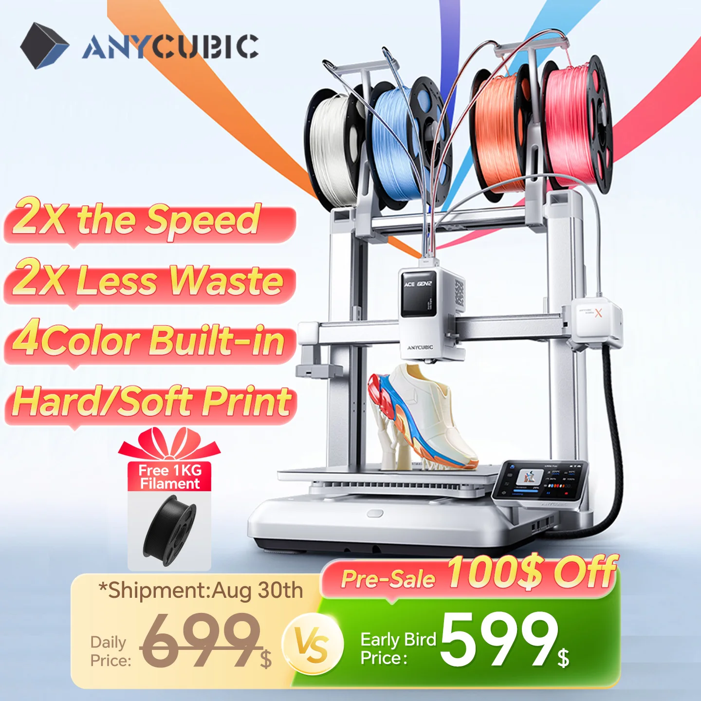 Impressora 3D ANYCUBIC Kobra X com velocidade máxima de impressão de 600mm/s, 2x mais economia de tempo e material, impressão em até 19 cores, detecção por IA.