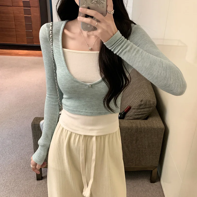 Autumn/winter Korean Version New V-neck Fake Two Piece Long Sleeve Pullover Women Cinching Waist Slim Knit Short Top F318