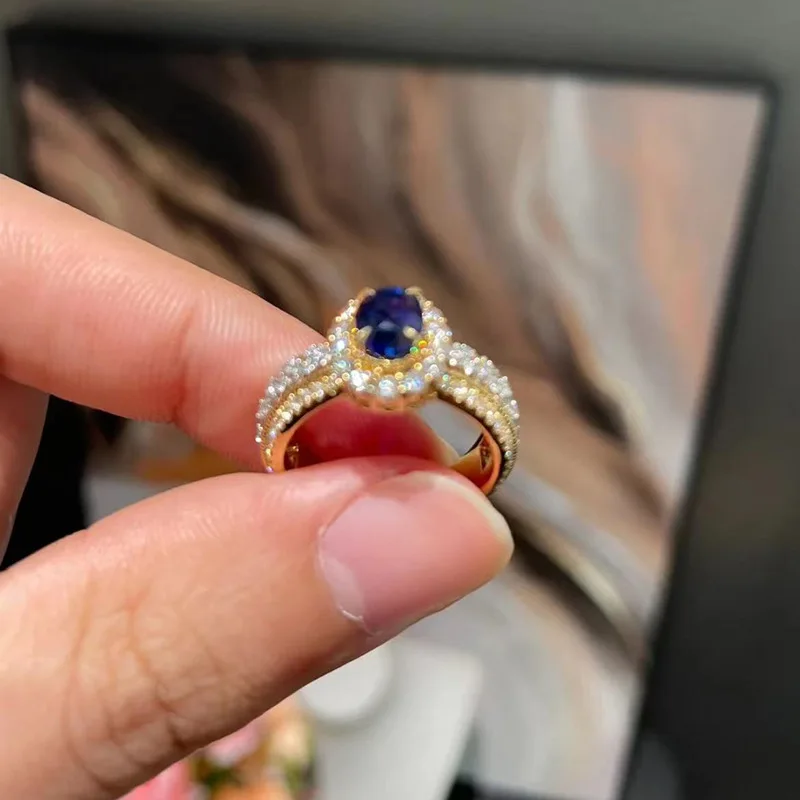 100% Original Certified PT950 French lace edge simulated sapphire 6*8mm oval luxury 18K white gold fashion ring