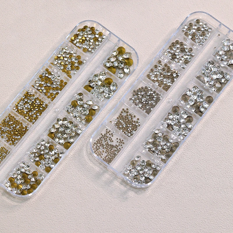 New 12 Grids Mixed Mini Nail Rhinestones Sharp Bottom Super Flash Nail Art Crystal Decoration Gems Manicure Tip 3D