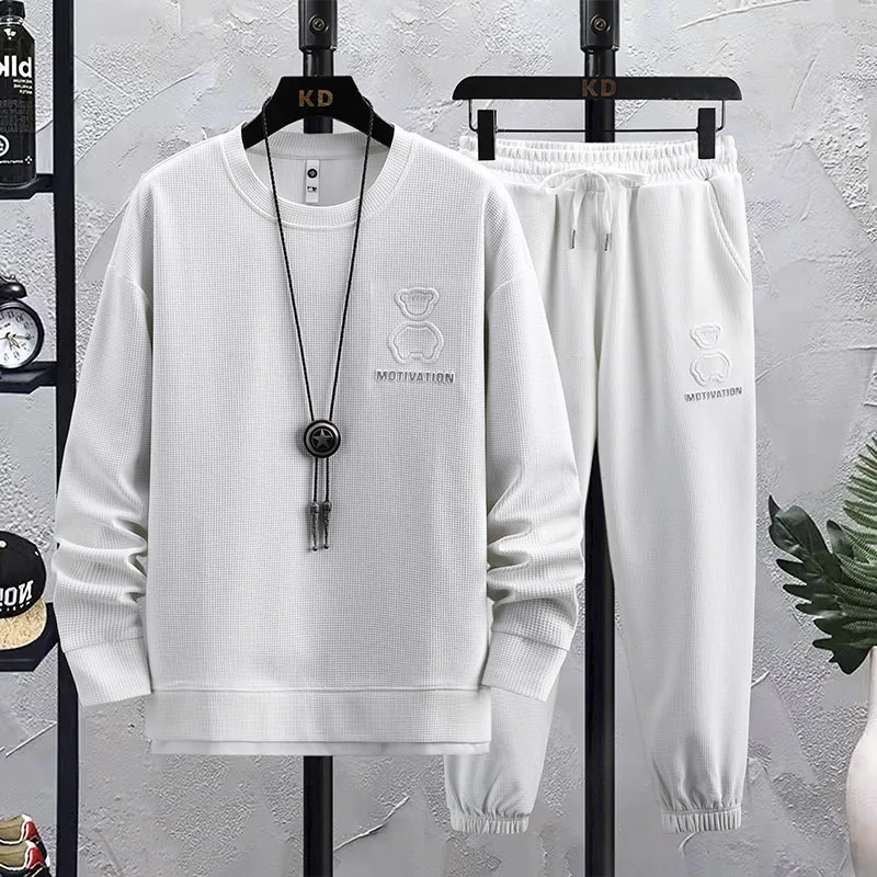 Autumn Men's Embroidery Sweatshirts Sets Waffle Hoodieless Round Neck+Sweatpants Sports Casual Suit Trendy Versatile Streetwear