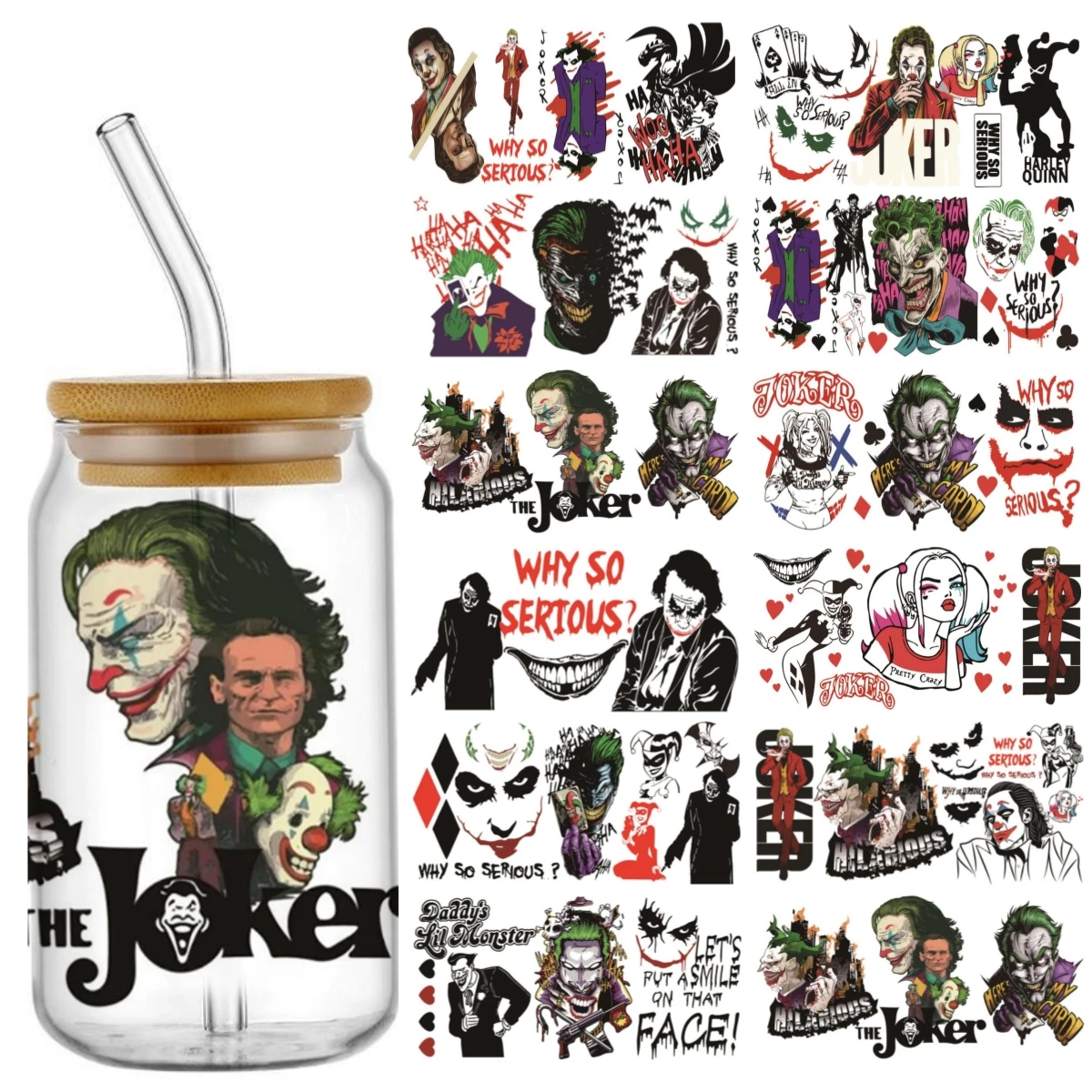 

Good Price UV DTF Cup Wrap joker DTF Libbey Wraps Transfers 16oz Custom UV DTF Skinny Tumbler Cartoon Stickers