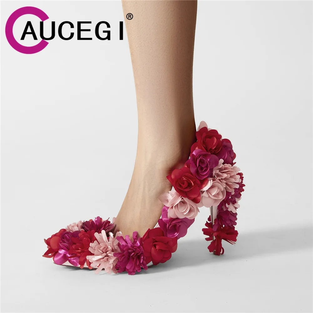 

Aucegi New Attractive Fashion Appliques PU Leather Women Pumps Pointed Toe Thin High Heels Party Prom Wedding Handmade Shoes