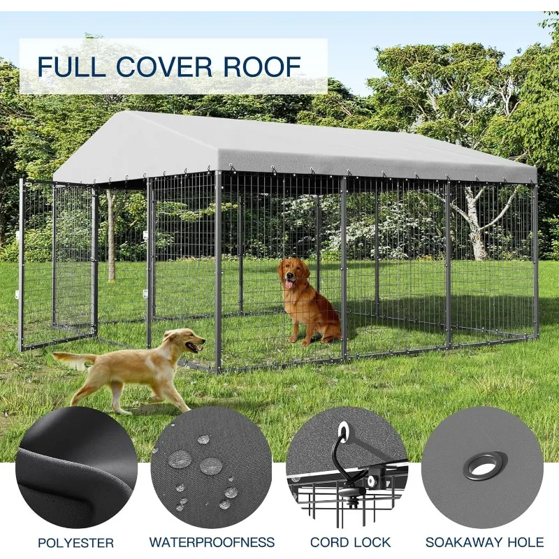 Heavy Duty Dog Cage with Roof,Galvanized Steel Dog Kennel Fence with Double Safety Locks,Large