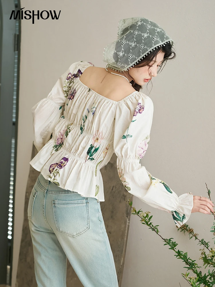MISHOW blusa francesa con cuello cuadrado, mangas de burbuja de primavera, un hombro con cordones, Top plisado elástico 100 algodón estampado