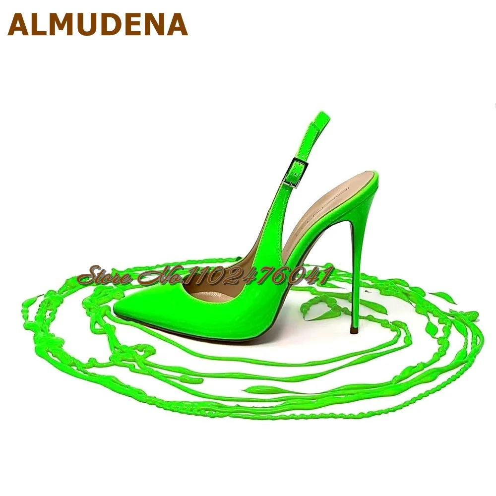 Almudena Neon Gele Slingback Hoge Hak Schoenen 12Cm 10Cm 8Cm Stiletto 'S Puntige Neus Ondiepe Pumps Gesp Riem Trouwschoenen