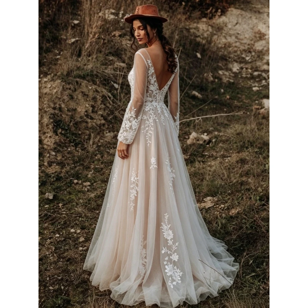Customized Vintage V-neck Bohemian Beach Wedding Dresses 2026 Long Sleeved Transparent Lace A-line Bridal Gown Decoration Decal