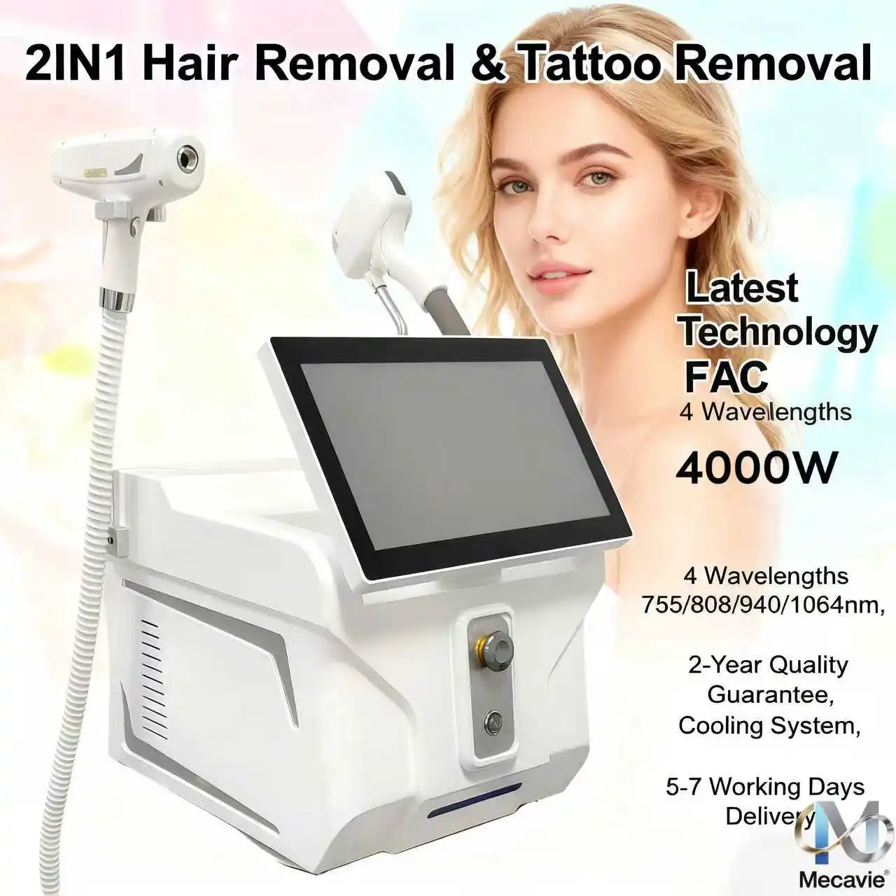 Dispositivo Láser de Diodo Soprano FAC 5000W de Grado Profesional 2 en 1 con Cabezal de Enfriamiento para Depilación Permanente sin Dolor y Eliminación de Tatuajes