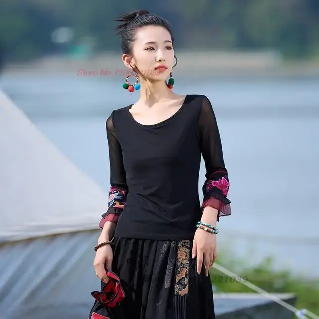 2025 chinese traditional t-shirt women national flower embroidery o-neck elastic mesh shirt oriental vintage ethnic base shirt