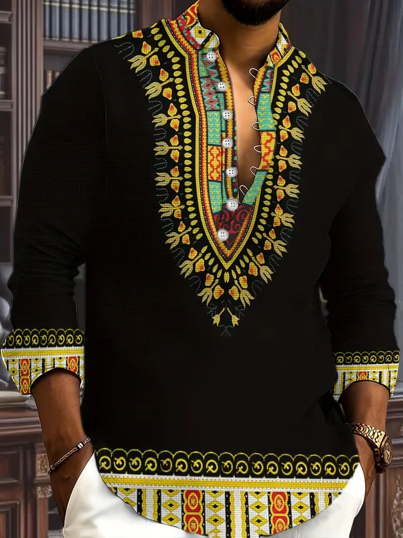 Новая мужская повседневная льняная рубашка с воротником Генри и этническим цветочным принтом, мужская рубашка высокого качества, подходящий для повседневных топов