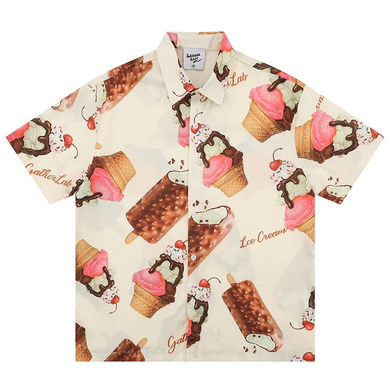 

Летняя мужская гавайская пляжная рубашка в стиле хип-хоп, гавайская рубашка с принтом мороженого, 2025 год, уличная одежда в стиле Харадзюку, модные повседневные рубашки Aloha