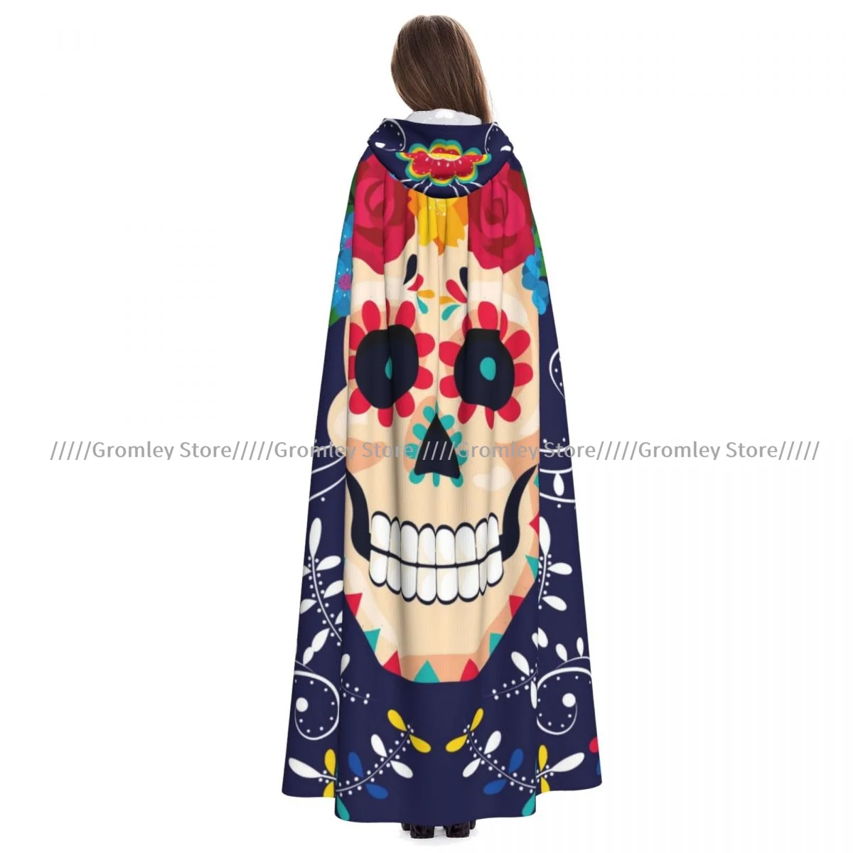 

Skull Flowers Mexican Illustration Witch Cloak Hooded Cosplay Costume Halloween Adult Long Party Cape
