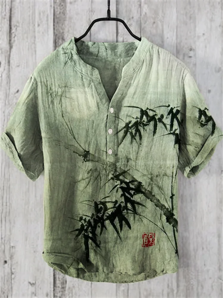 

2024 Summer New 3D Digital Heat Transfer Printing Bamboo and Hemp Handsome Button Large Stand Collar Short Sleeve Shirt Extra La