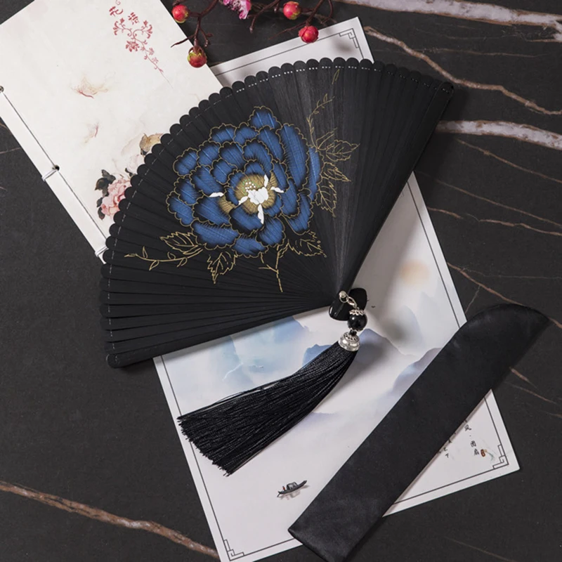 All Bamboo Classical Fan Women Japanese Ancient Classical Black Folding Fan Hanfu Dance Fan Portable Bamboo Fan