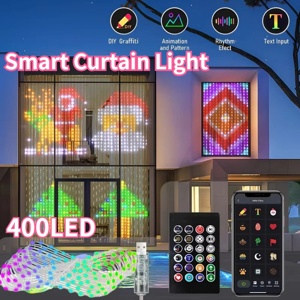 400LED Smart Curtain Light Bluetooth App 5V USB LED String RGB Fairy Light DIY Picture Text Display для декора рождественской вечеринки