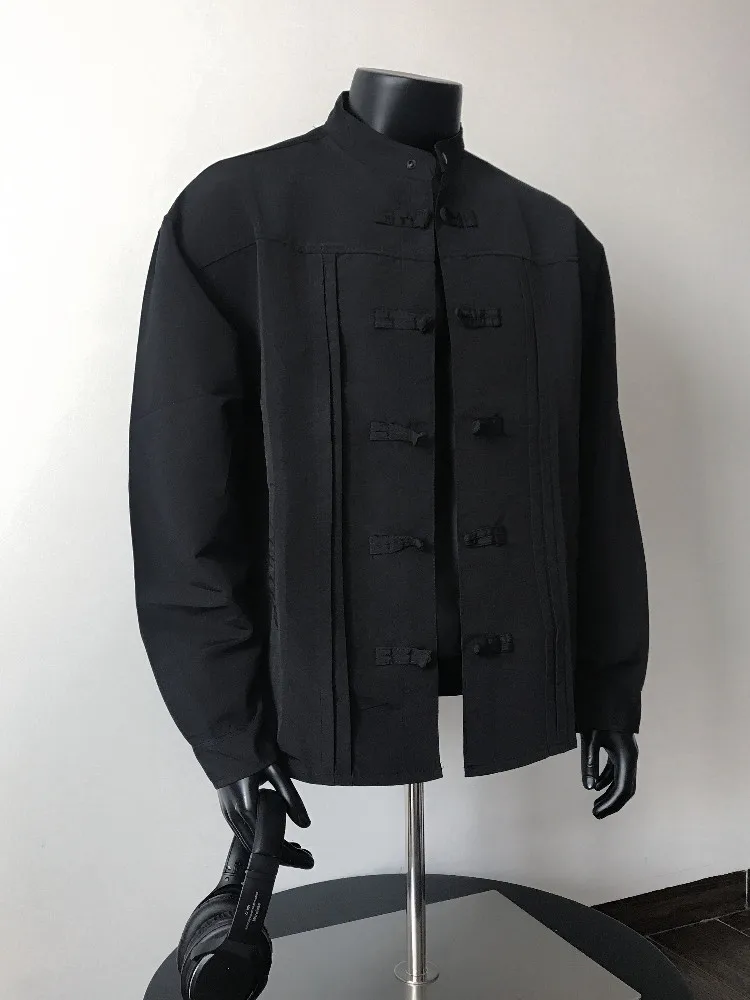 New Chinese Style Men's Long Sleeve Shirt Stand Collar Button up Luxury Lightweight Black Shirt Outerwear Casual Autumn Wear