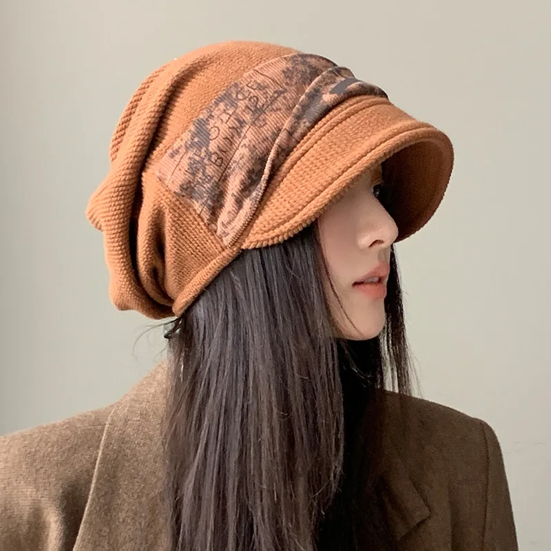 

Women Autumn/Winter Versatile Beanie Multifunction Windproof Warm Patchwork Brim Hood Hat Big Head Wrap Cold Weather Hat