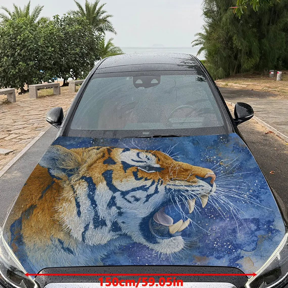 Car Decals Tiger with Vibrant Brown Fur, a Roaring Expression, and a Cool - Toned, Artistic Background Car Hood Sticker, Waterpr