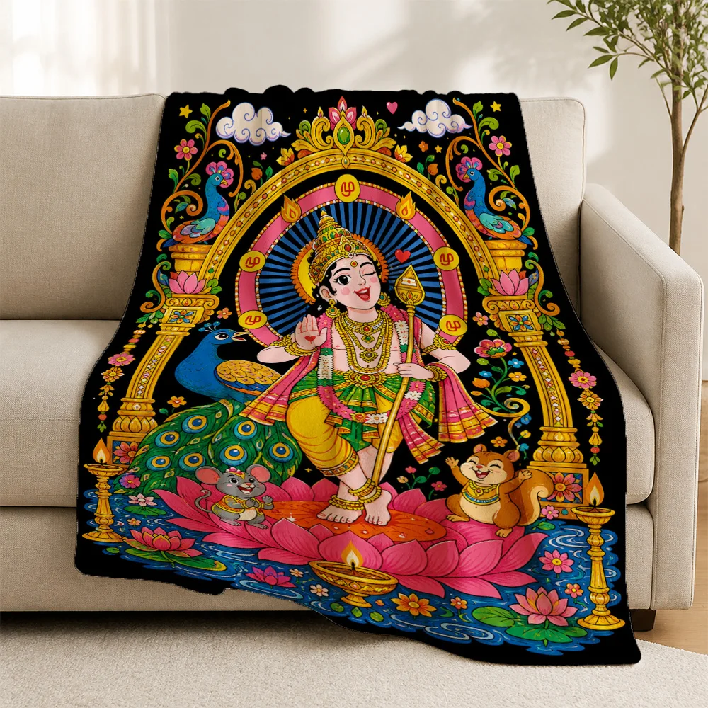 Vibrant Indian Mythology Sofa Throw Blanket Hindu Deity Pattern Decorative Cotton Couch Cover Xmas Gift for Living Room Ethnic S