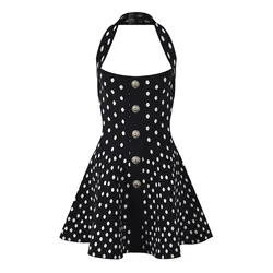 ZJYT Summer Knitting Polka Dot Mini Dress Women Elegant Halter Neck Sexy Backless Short Party Dresses Holiday Female Vestidos