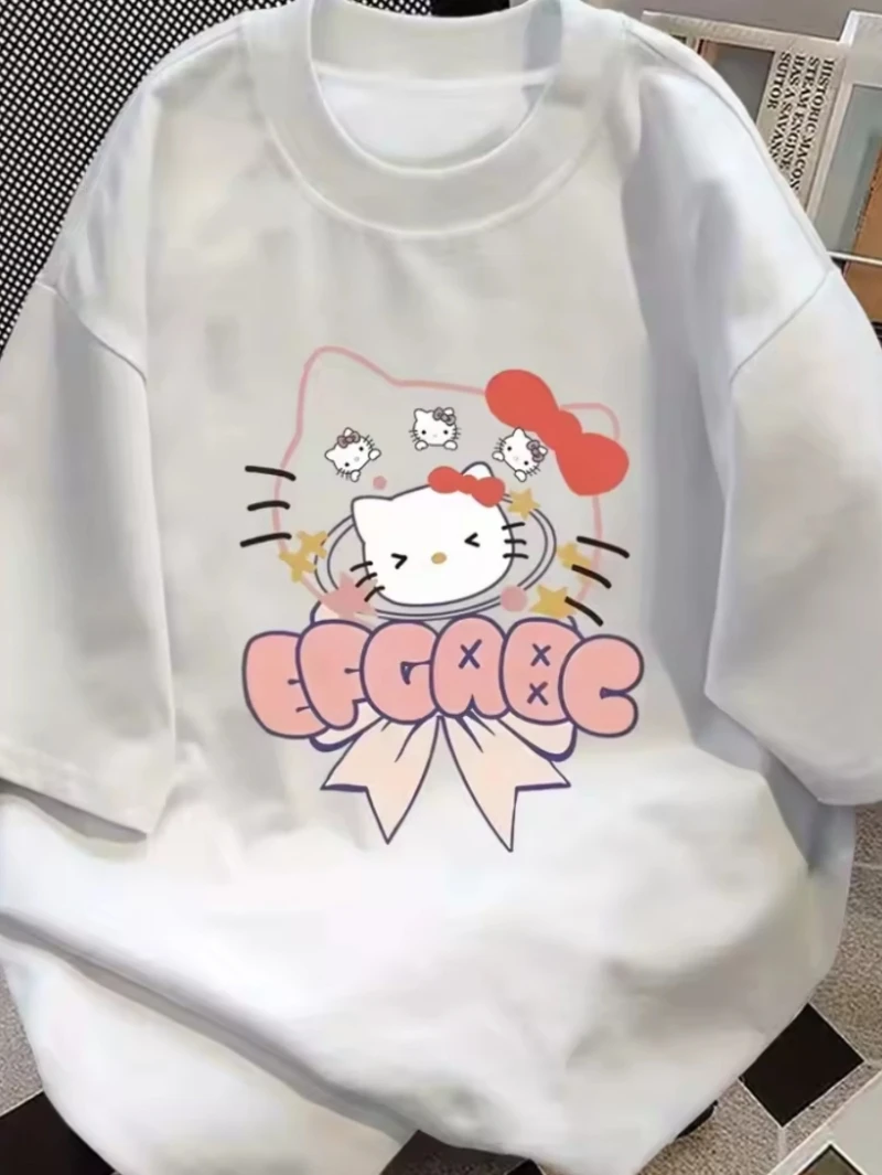 

Sanrio Hello Kitty футболка с принтом и круглым вырезом на плечах, летняя женская хлопковая удобная свободная футболка с короткими рукавами