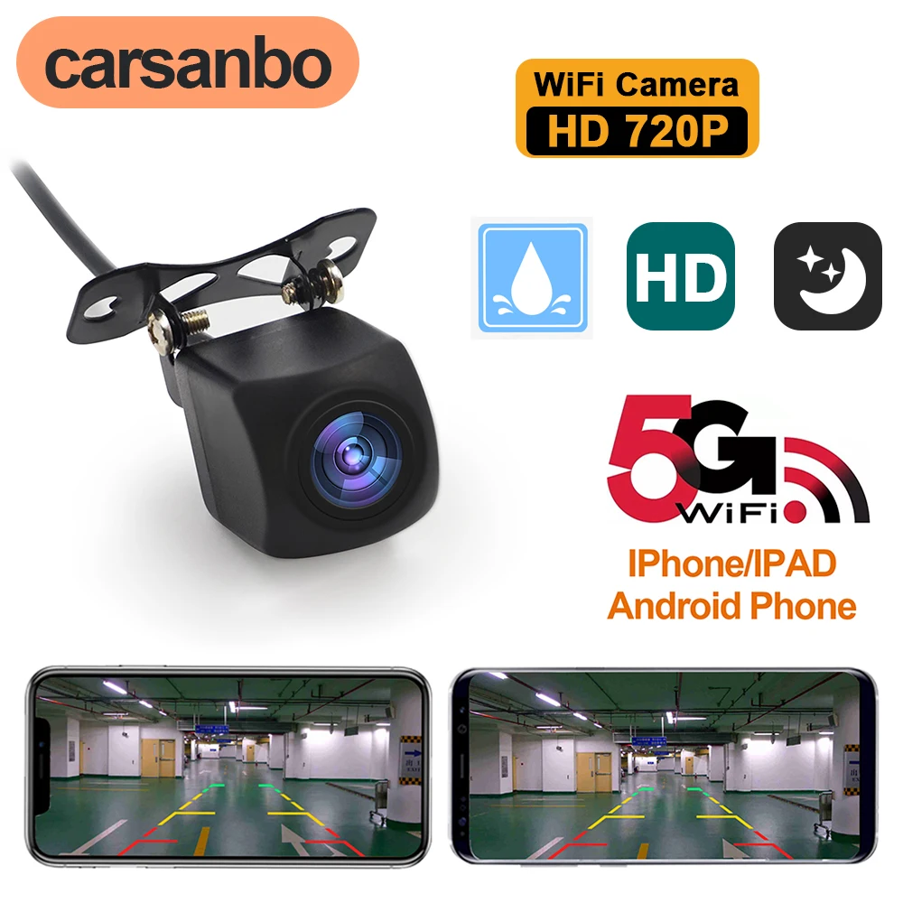 

Carsanbo HD 720P 5G WiFi Wireless Car Rear View Camera Night Vision Waterproof Reversing Camera Support Android, IOS and Radio