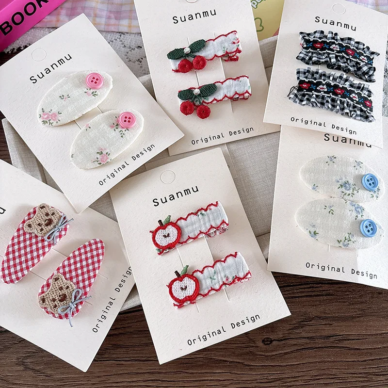 2 pçs tecido bordado crianças grampos de cabelo floral presilhas headwear franja bb clipe doce meninas grampos crianças acessórios para o cabelo