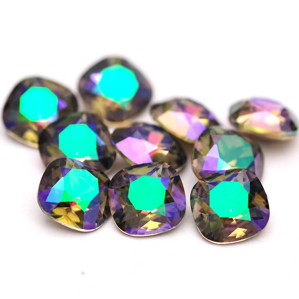 5A New Arrival Adhesive Ghost Light Nail Glass Rhinestones 10PCS Cushion Cut Strass Pointback DIY Crafts Crystal Stones