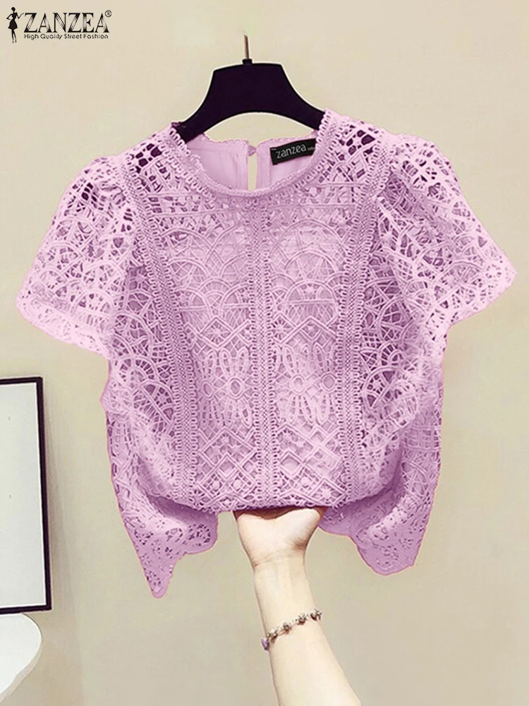 

ZANZEA Women Blouse Fashion Short Sleeve Lace Shirts 2025 Summer Round Neck Casual Loose Elegant Office OL Korean Tops Tunic