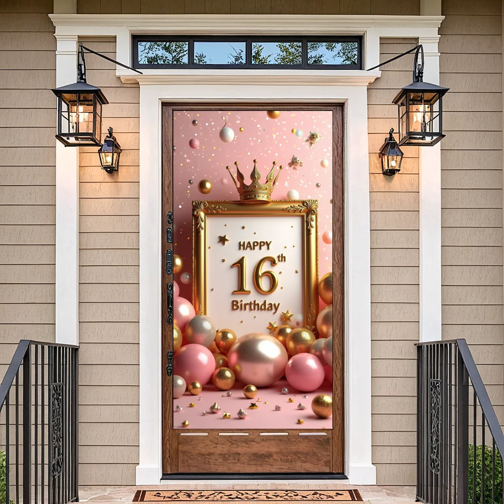 

Sweet 16 Birthday Backdrop Door Cover Party Decoration Pink Gold Crown Balloon Photography Prop Banner Photo Booth Background