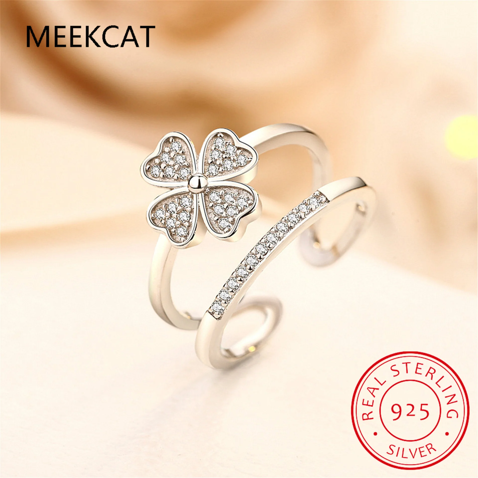 925 Sterling Silver Rings For Women Mosaic CZ Zirconia Lucky Four Leaf Clover Multi-layer Resizable Rings Bague S-R193